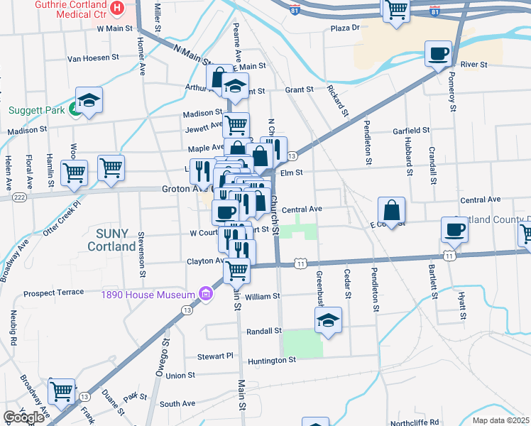 map of restaurants, bars, coffee shops, grocery stores, and more near 31 Central Avenue in Cortland