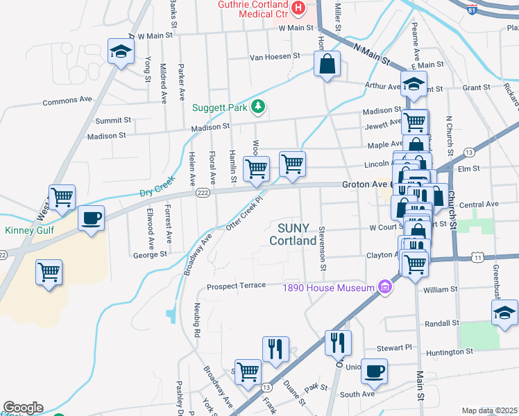 map of restaurants, bars, coffee shops, grocery stores, and more near 12 Otter Creek Place in Cortland