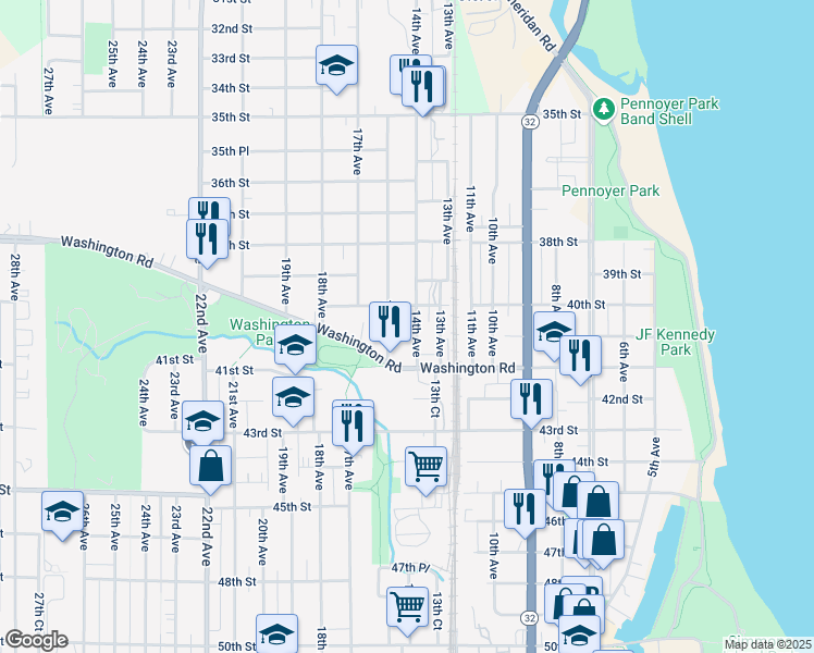 map of restaurants, bars, coffee shops, grocery stores, and more near 4021 16th Avenue in Kenosha