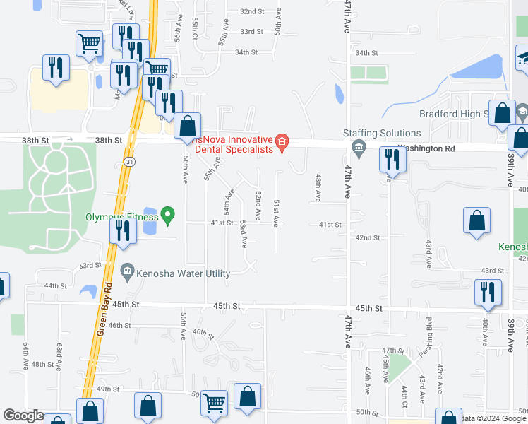 map of restaurants, bars, coffee shops, grocery stores, and more near 4003 52nd Avenue in Kenosha