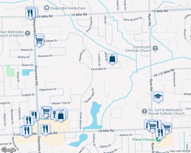 map of restaurants, bars, coffee shops, grocery stores, and more near 42002 Pond View Drive in Sterling Heights