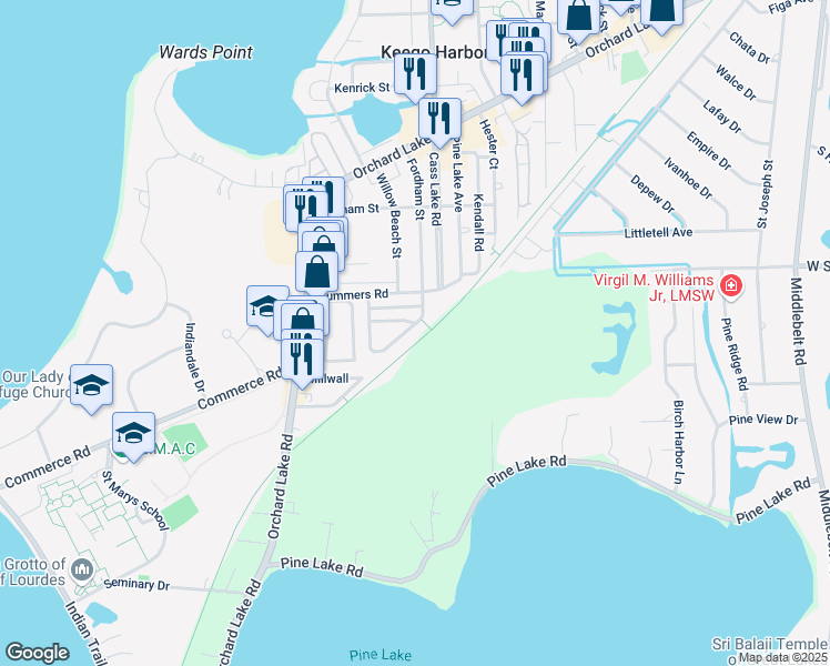map of restaurants, bars, coffee shops, grocery stores, and more near 2050 Pine Lake Trail in Keego Harbor