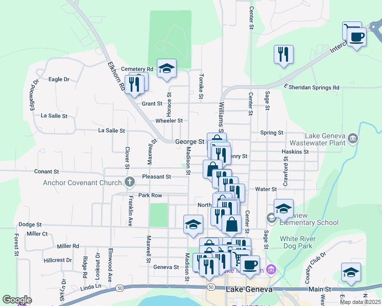 map of restaurants, bars, coffee shops, grocery stores, and more near 965 Henry Street in Lake Geneva