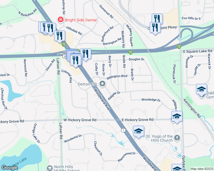 map of restaurants, bars, coffee shops, grocery stores, and more near 2731 Colby Drive in Bloomfield Hills