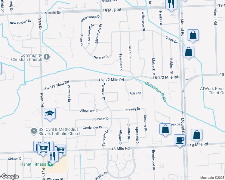 map of restaurants, bars, coffee shops, grocery stores, and more near 4847 Maceri Circle in Sterling Heights