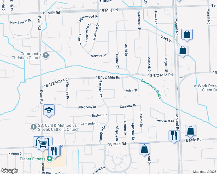 map of restaurants, bars, coffee shops, grocery stores, and more near 4847 Maceri Circle in Sterling Heights