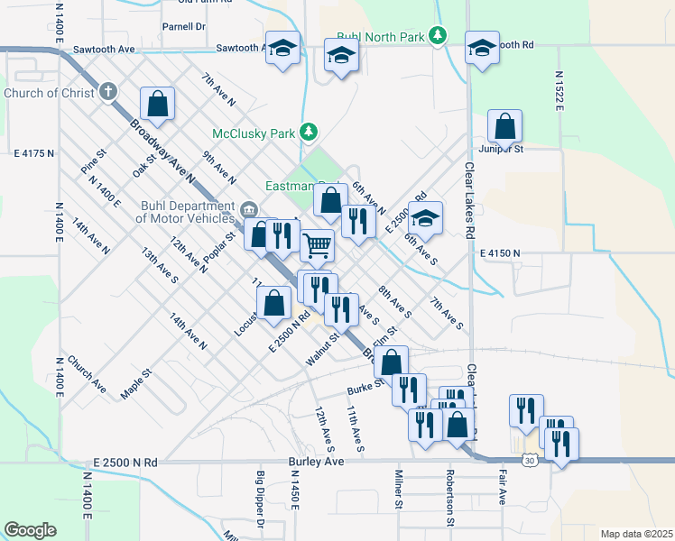 map of restaurants, bars, coffee shops, grocery stores, and more near 830 Main Street in Buhl