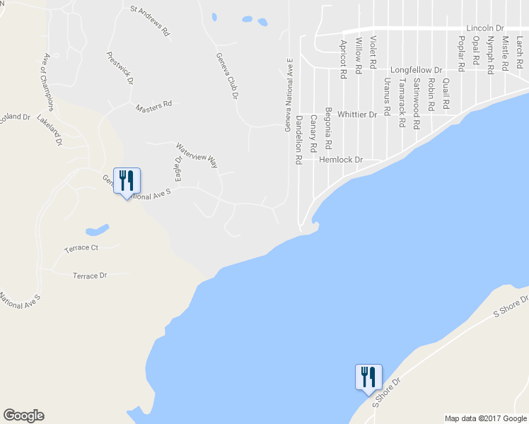 map of restaurants, bars, coffee shops, grocery stores, and more near 1160 Lakeview Court in Lake Geneva