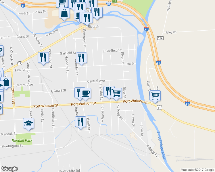 map of restaurants, bars, coffee shops, grocery stores, and more near 6 East Avenue in Cortland