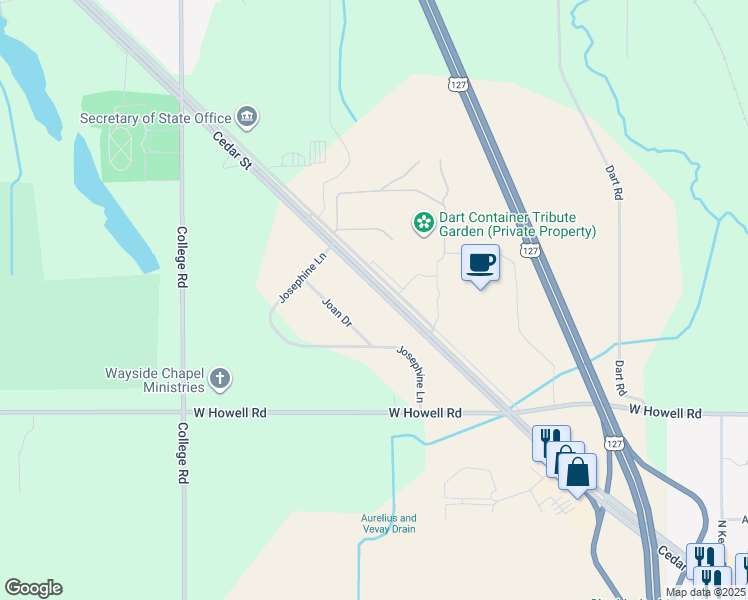 map of restaurants, bars, coffee shops, grocery stores, and more near 635 North Cedar Street in Mason