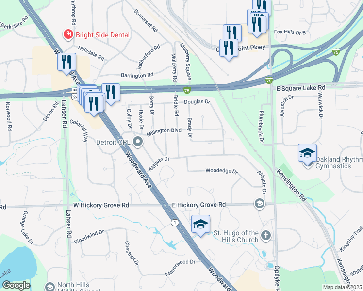 map of restaurants, bars, coffee shops, grocery stores, and more near 2761 Bridle Road in Bloomfield Hills