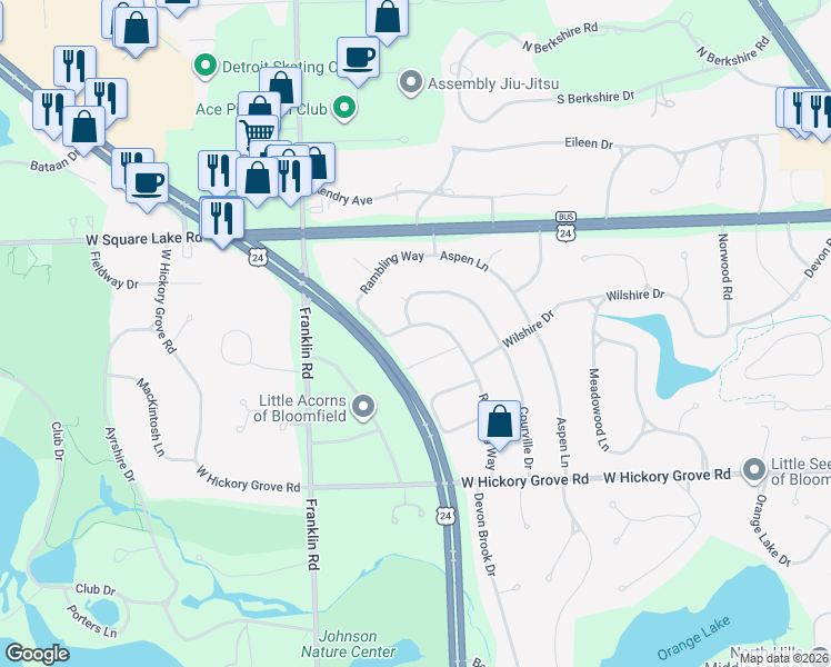 map of restaurants, bars, coffee shops, grocery stores, and more near 2712 Rambling Way in Oakland County