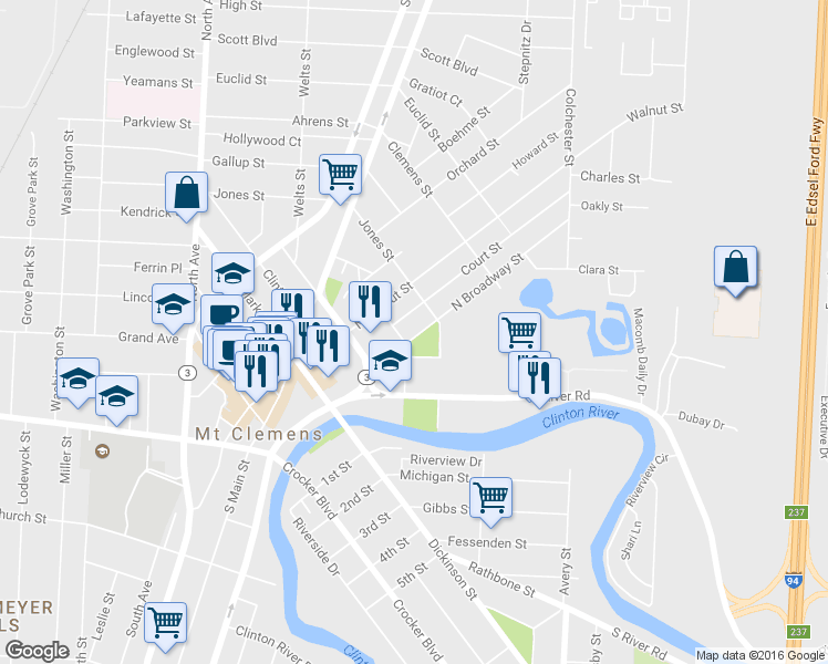 map of restaurants, bars, coffee shops, grocery stores, and more near 149 North Broadway Street in Mount Clemens