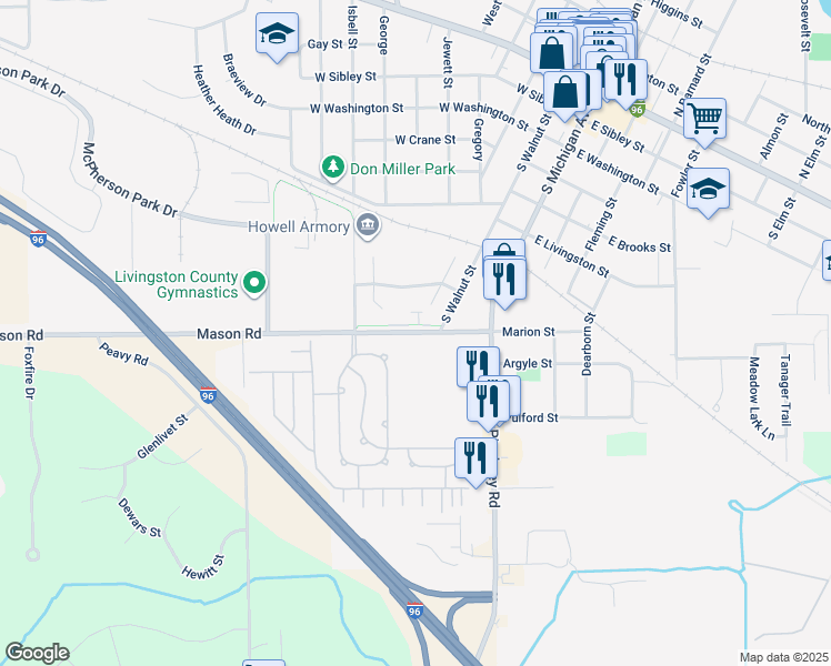 map of restaurants, bars, coffee shops, grocery stores, and more near 253 Mason Road in Howell