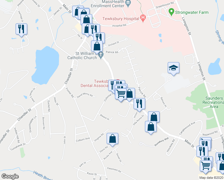 map of restaurants, bars, coffee shops, grocery stores, and more near 19 Colonial Drive in Tewksbury