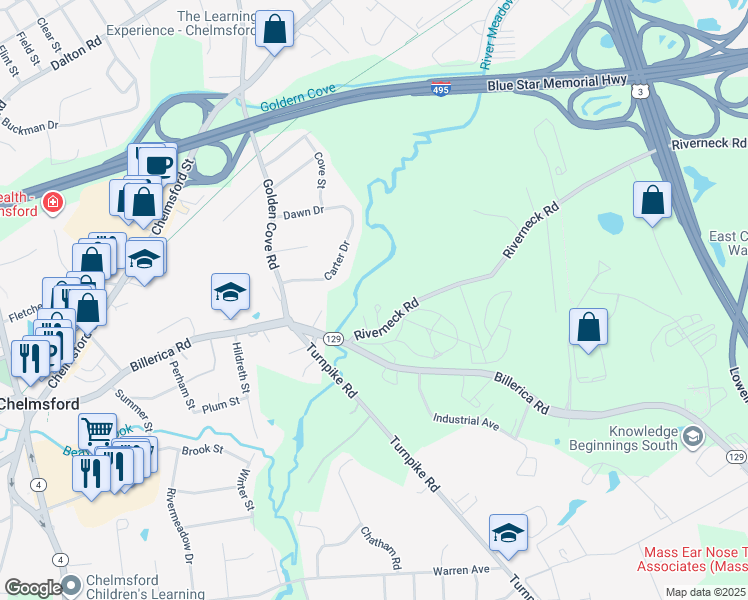 map of restaurants, bars, coffee shops, grocery stores, and more near 5 Collins Circle in Chelmsford