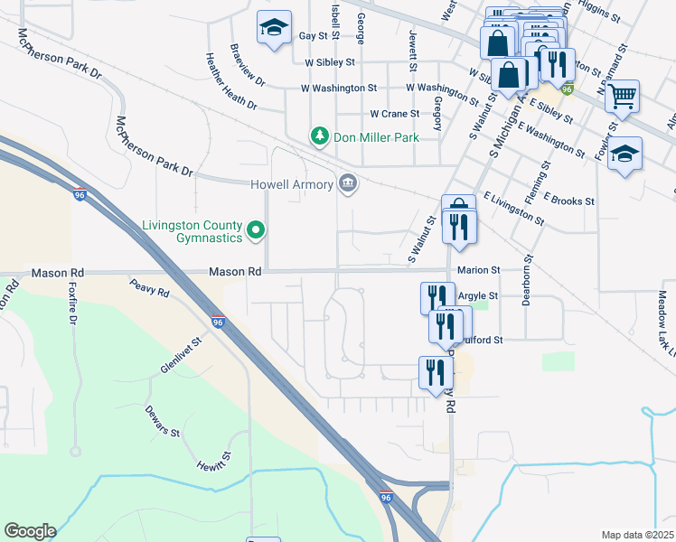 map of restaurants, bars, coffee shops, grocery stores, and more near 137 East Legrand Street in Howell
