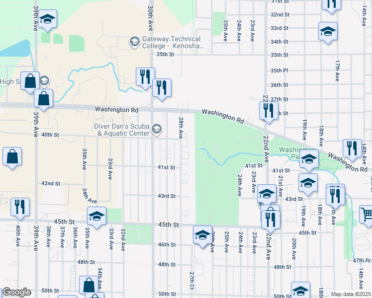map of restaurants, bars, coffee shops, grocery stores, and more near 4021 28th Avenue in Kenosha