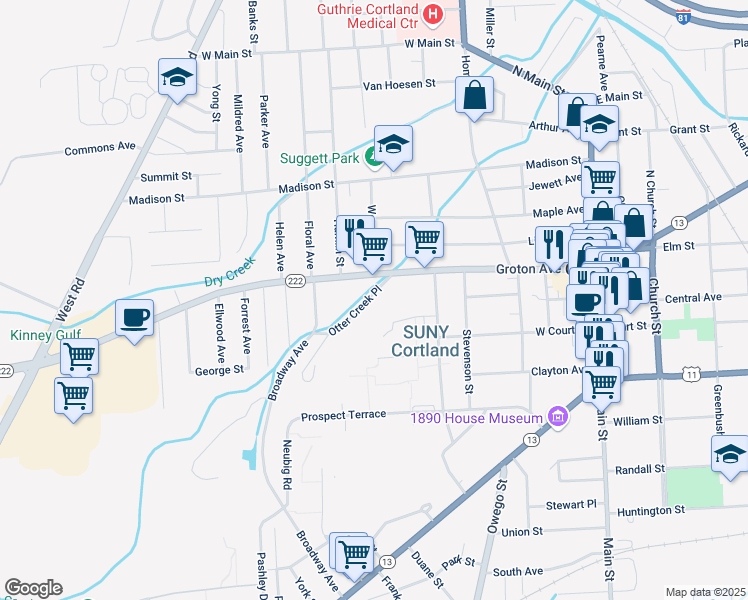 map of restaurants, bars, coffee shops, grocery stores, and more near 14 Otter Creek Place in Cortland