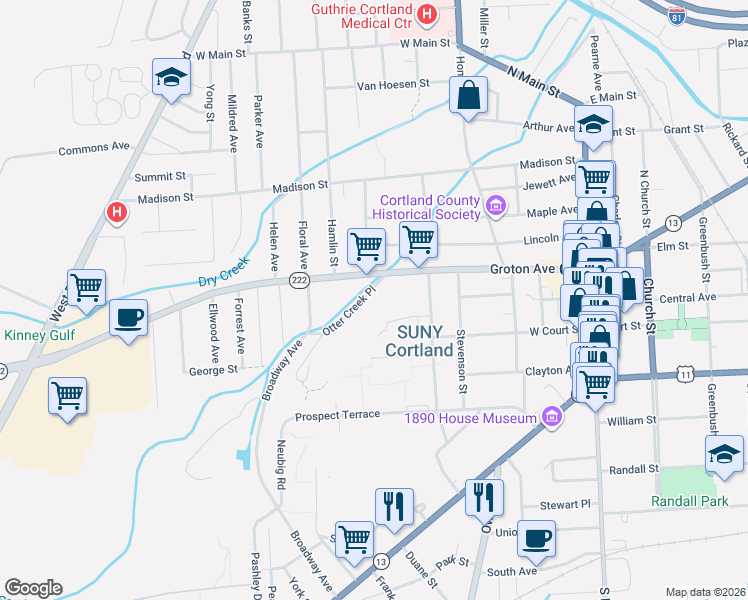 map of restaurants, bars, coffee shops, grocery stores, and more near 12 Otter Creek Place in Cortland