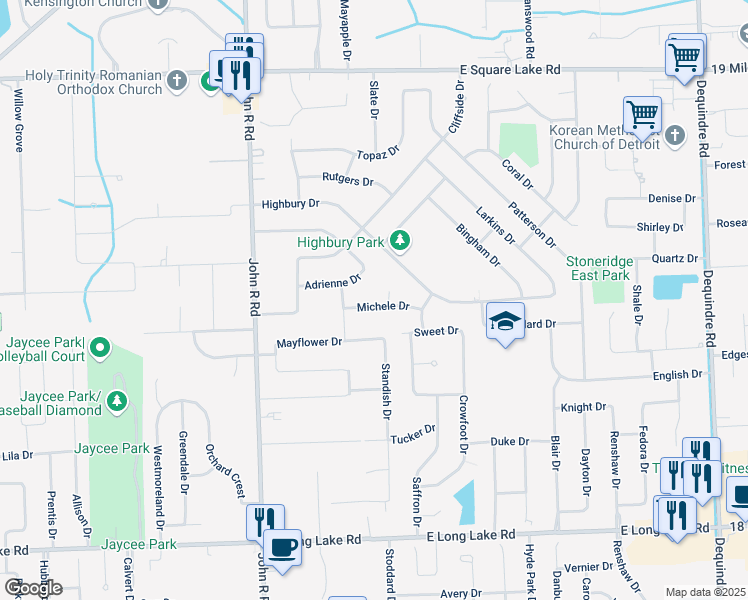 map of restaurants, bars, coffee shops, grocery stores, and more near 2181 Michele Drive in Troy