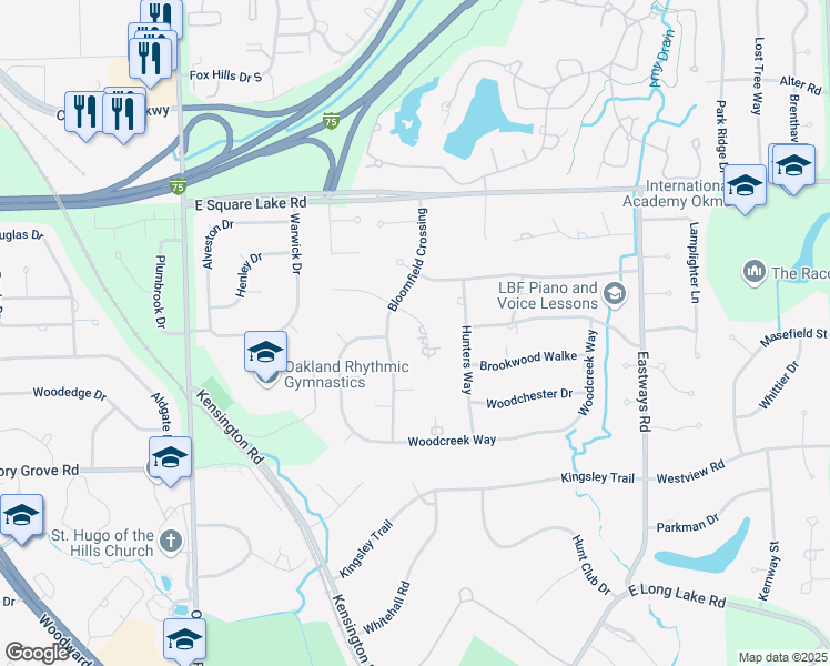 map of restaurants, bars, coffee shops, grocery stores, and more near 2764 Hunters Bluff in Bloomfield Hills