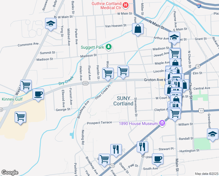 map of restaurants, bars, coffee shops, grocery stores, and more near 12 Otter Creek Place in Cortland