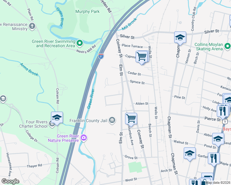 map of restaurants, bars, coffee shops, grocery stores, and more near 14 Frederick Road in Greenfield