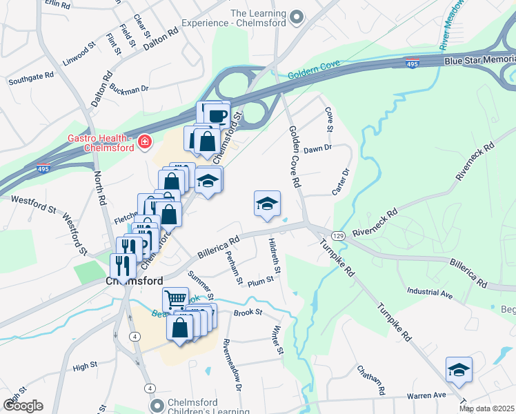 map of restaurants, bars, coffee shops, grocery stores, and more near 84 Billerica Road in Chelmsford