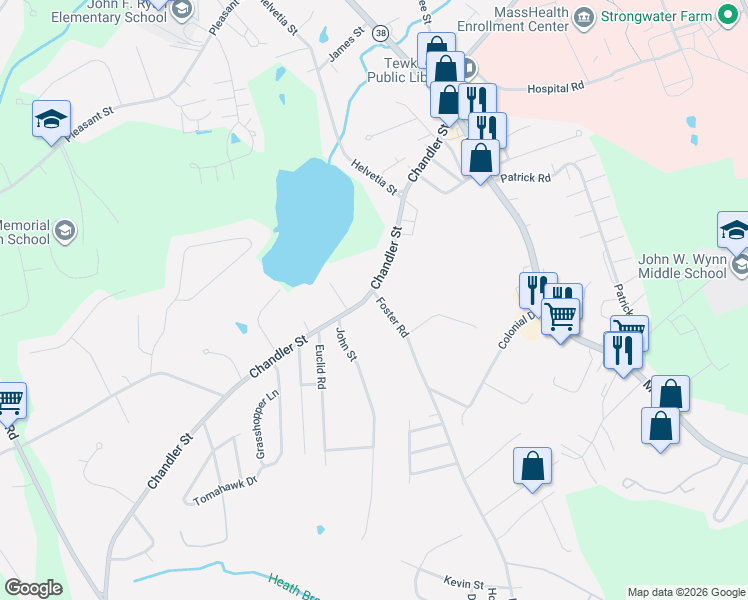map of restaurants, bars, coffee shops, grocery stores, and more near 562 Chandler Street in Tewksbury