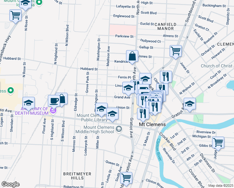 map of restaurants, bars, coffee shops, grocery stores, and more near 47 Grand Avenue in Mount Clemens