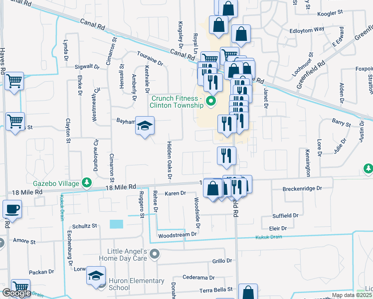 map of restaurants, bars, coffee shops, grocery stores, and more near 16485 Dawn Drive in Clinton Township
