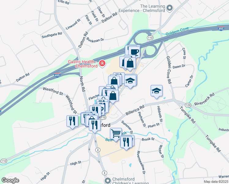 map of restaurants, bars, coffee shops, grocery stores, and more near 14 Fletcher Street in Chelmsford