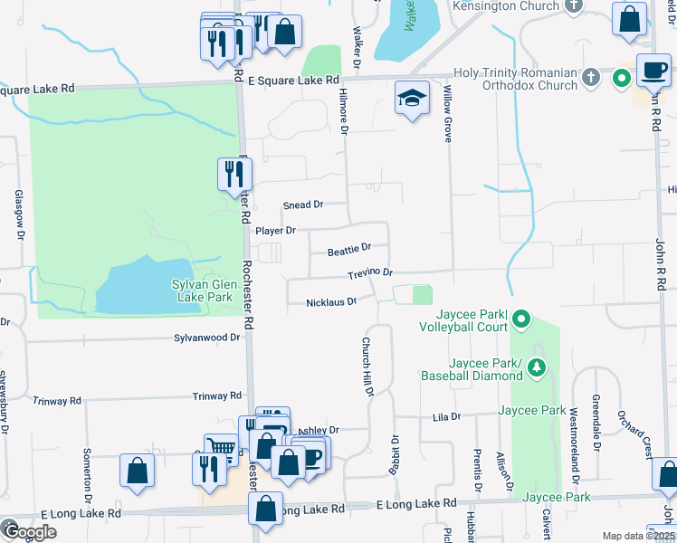 map of restaurants, bars, coffee shops, grocery stores, and more near 1199 Trevino Drive in Troy