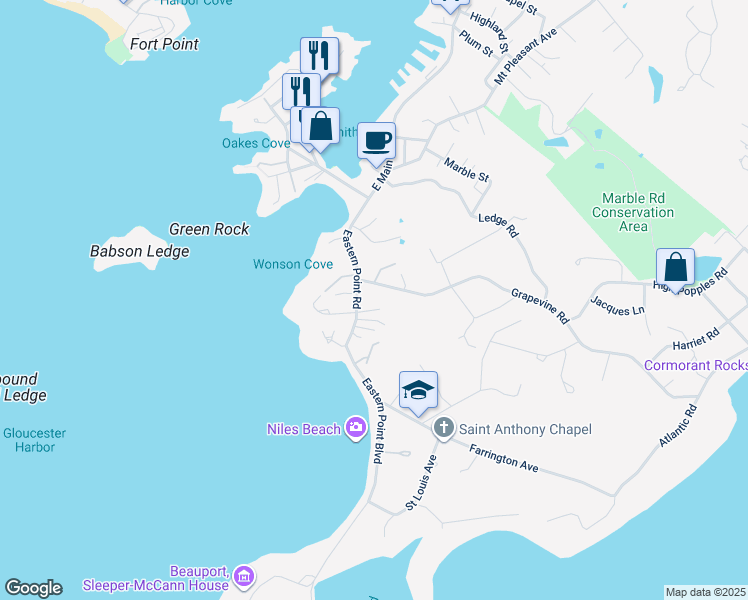 map of restaurants, bars, coffee shops, grocery stores, and more near 4 Lighthouse Way in Gloucester
