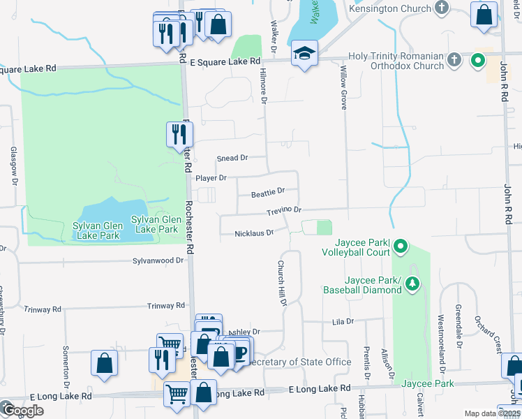map of restaurants, bars, coffee shops, grocery stores, and more near 1199 Trevino Drive in Troy