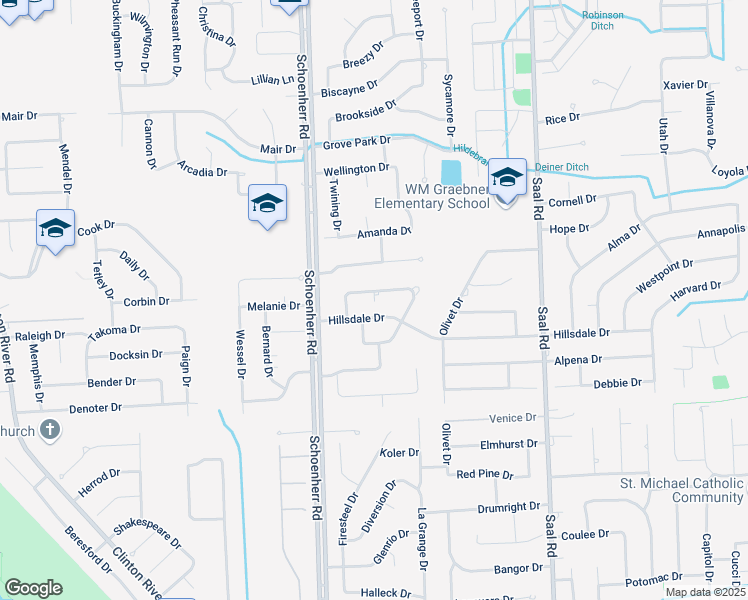 map of restaurants, bars, coffee shops, grocery stores, and more near 13777 Hillsdale Drive in Sterling Heights