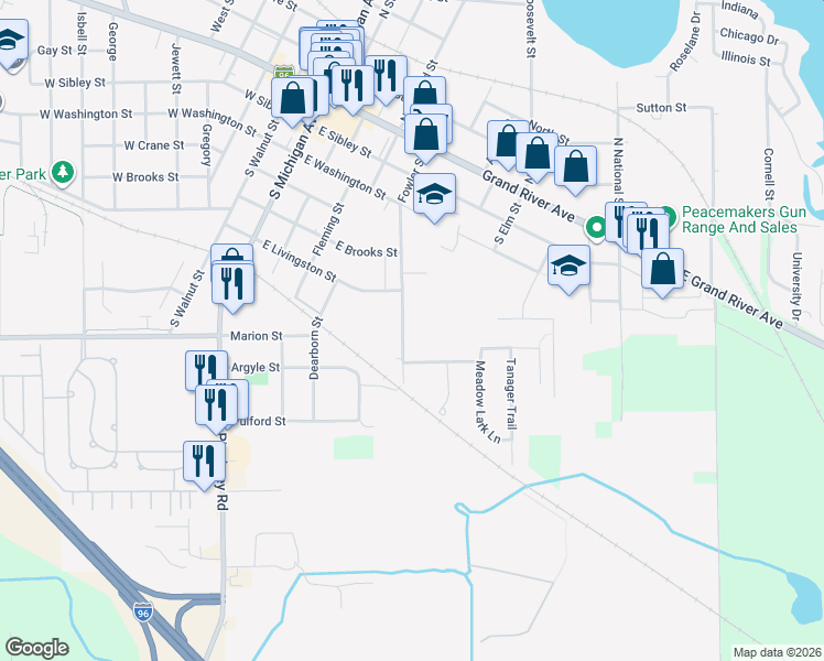 map of restaurants, bars, coffee shops, grocery stores, and more near 803 Fowler Street in Howell