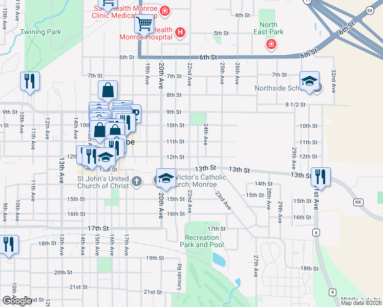 map of restaurants, bars, coffee shops, grocery stores, and more near 2211 12th Street in Monroe