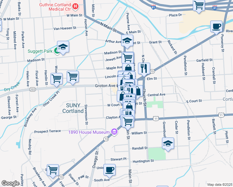 map of restaurants, bars, coffee shops, grocery stores, and more near 25-27 Orchard Street in Cortland