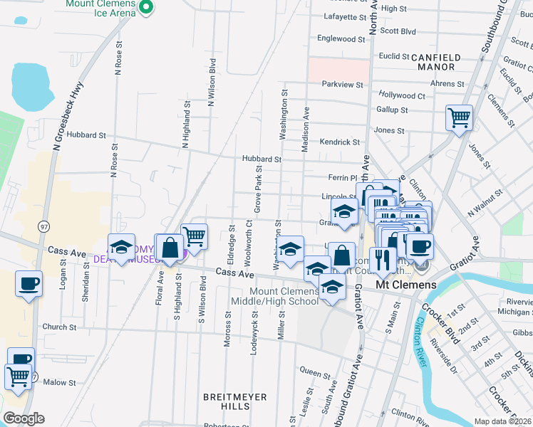 map of restaurants, bars, coffee shops, grocery stores, and more near 119 Grand Avenue in Mount Clemens