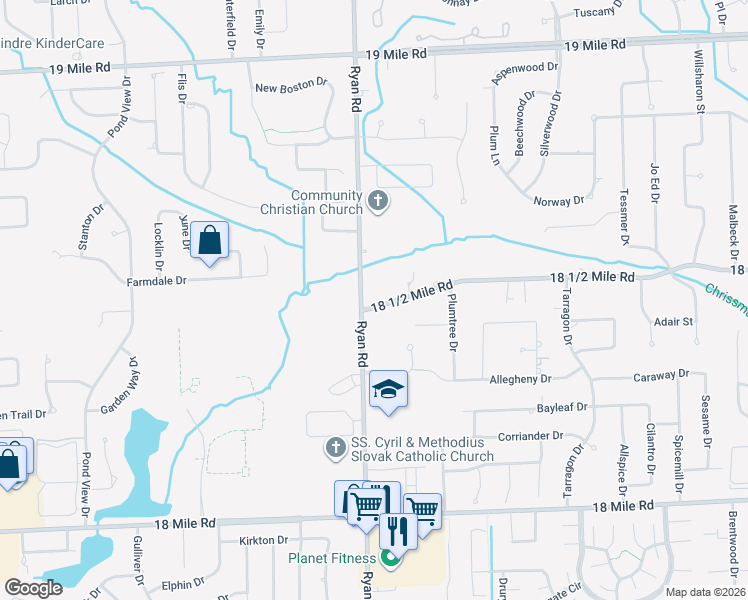 map of restaurants, bars, coffee shops, grocery stores, and more near 4068 18 1/2 Mile Road in Sterling Heights