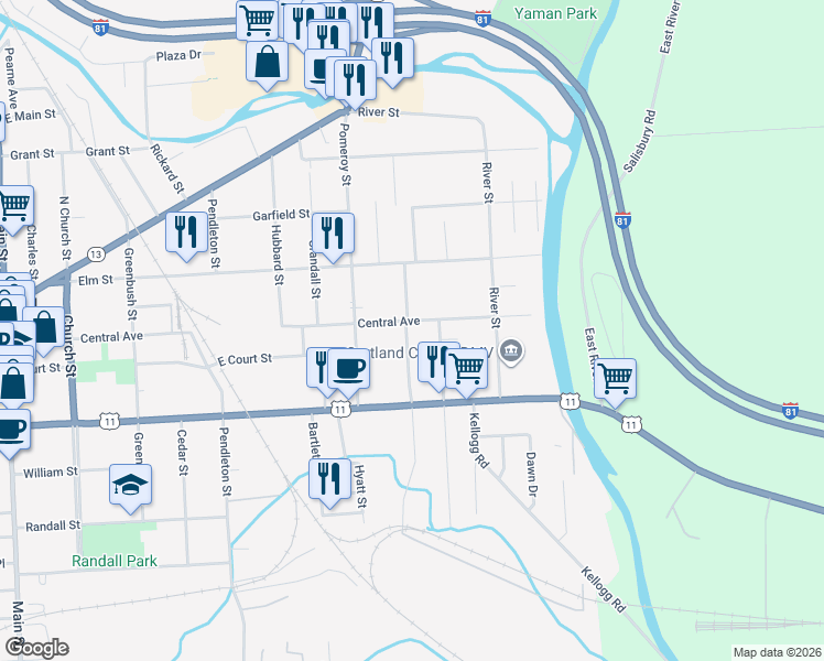 map of restaurants, bars, coffee shops, grocery stores, and more near 6 East Avenue in Cortland