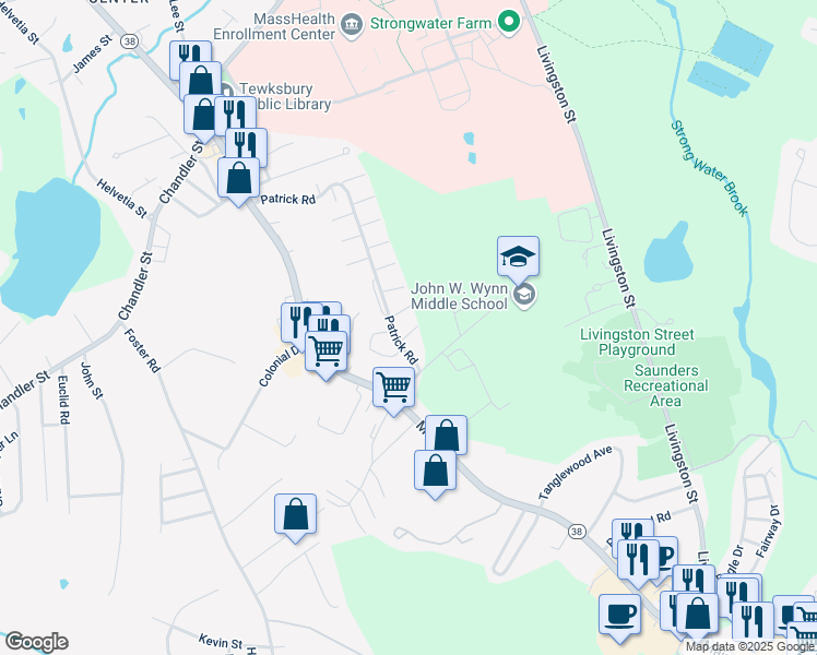 map of restaurants, bars, coffee shops, grocery stores, and more near 208 Patrick Road in Tewksbury