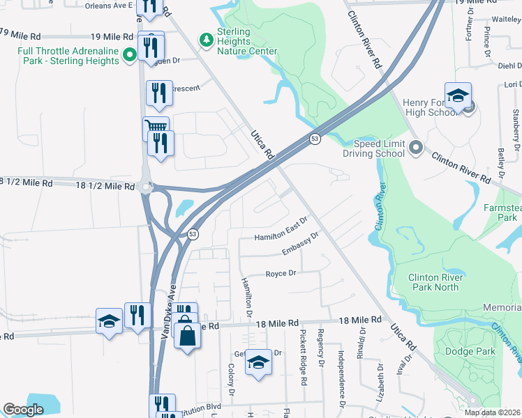 map of restaurants, bars, coffee shops, grocery stores, and more near 8641 Winchester Drive in Sterling Heights