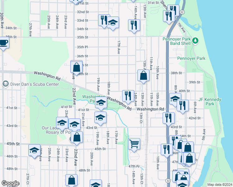 map of restaurants, bars, coffee shops, grocery stores, and more near 1707 40th Street in Kenosha