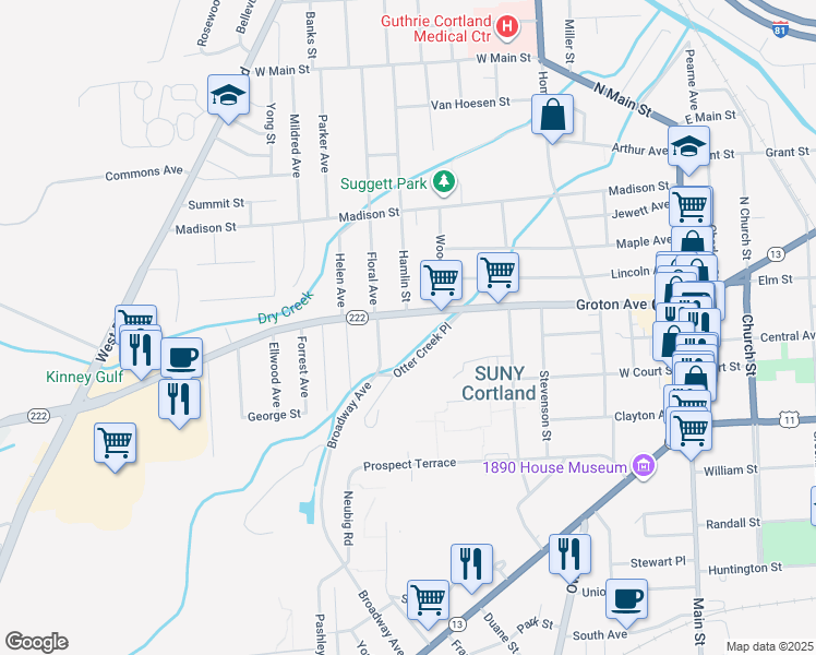 map of restaurants, bars, coffee shops, grocery stores, and more near 19 Otter Creek Place in Cortland