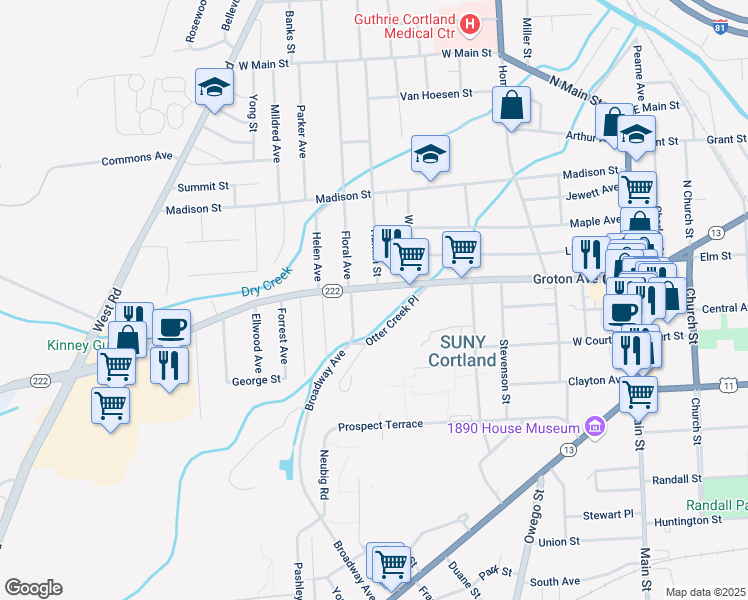 map of restaurants, bars, coffee shops, grocery stores, and more near 19 Otter Creek Place in Cortland