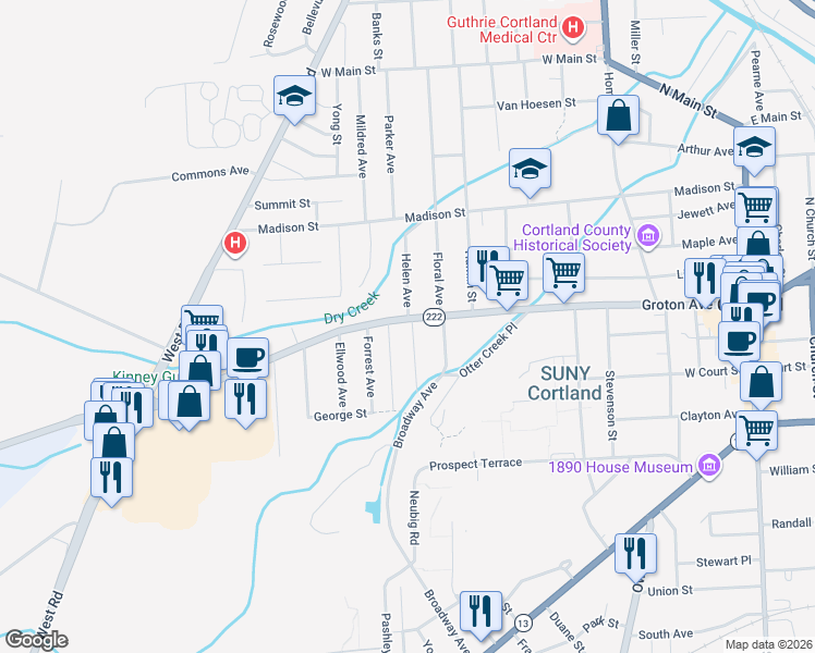 map of restaurants, bars, coffee shops, grocery stores, and more near 155 Groton Avenue in Cortland