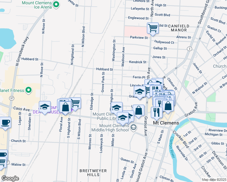 map of restaurants, bars, coffee shops, grocery stores, and more near 93 Grand Avenue in Mount Clemens